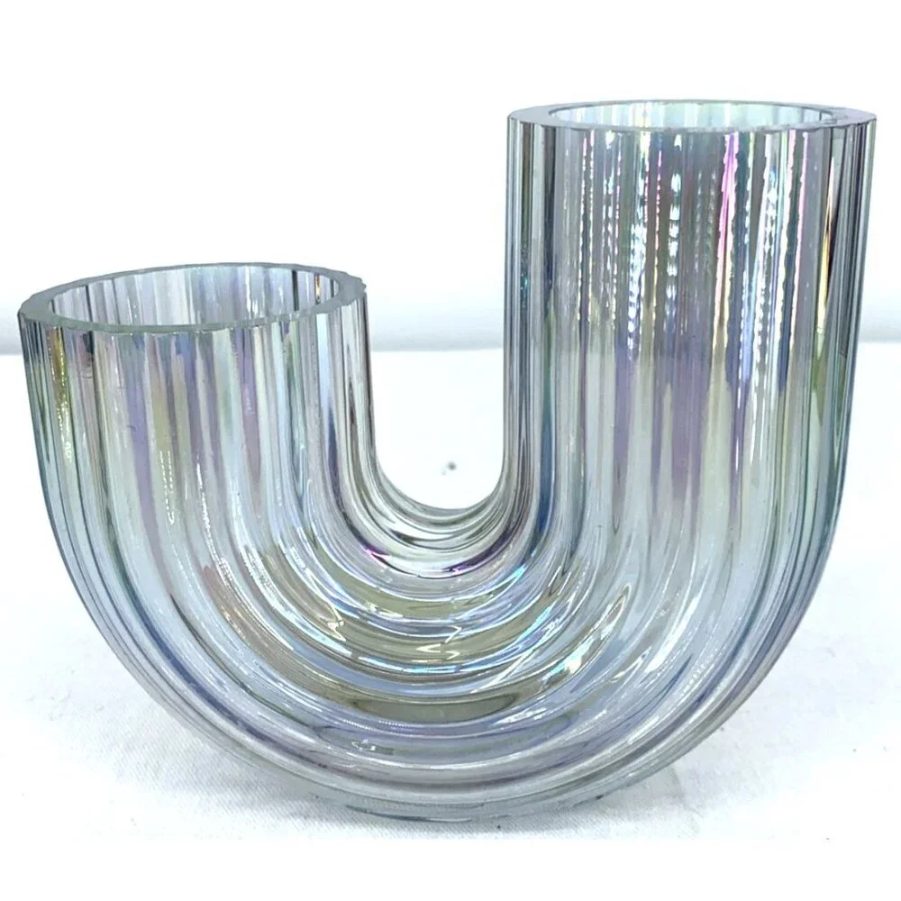 IKEA Raffelbjork Iridescent Glass Vase 4¾” J Shape Ribbed Mother-of-Pearl